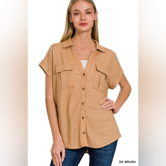 Zenana Outfitters Tops - NWT - Linen Blend Acid Washed Button Down Batwing Sleeve Shirt - Dk Brush- Sz M